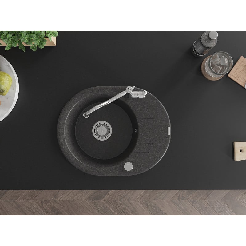 Mexen Kevin fregadero de granito de 1 seno con escurridor y grifo de cocina Carla, negro jaspeado - 6517-76-670700-00