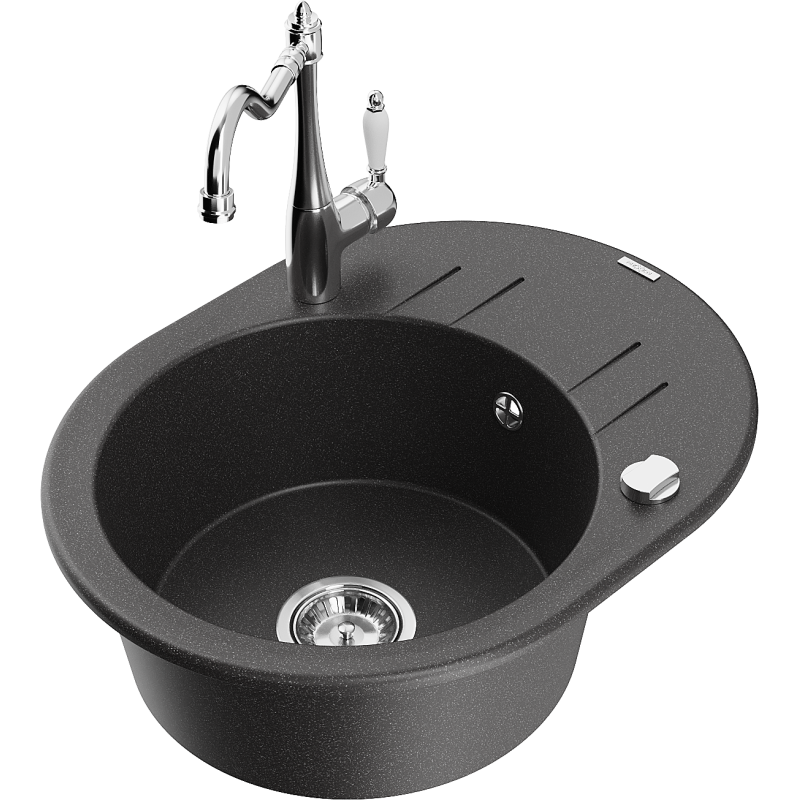 Mexen Kevin fregadero de granito de 1 seno con escurridor y grifo de cocina Carla, negro jaspeado - 6517-76-670700-00