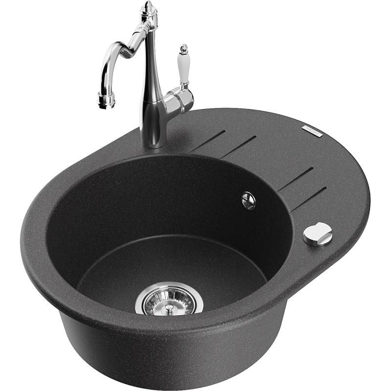 Mexen Kevin fregadero de granito de 1 tazón con escurridor y grifo de cocina Carla, negro moteado - 6517-76-670700-00