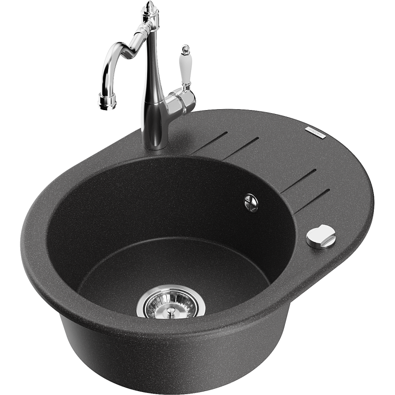 Mexen Kevin granite sink 1-bowl with drainer and Carla kitchen tap, black spotted - 6517-76-670700-00