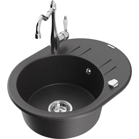 Mexen Kevin granite sink 1-bowl with drainer and Carla kitchen tap, black spotted - 6517-76-670700-00