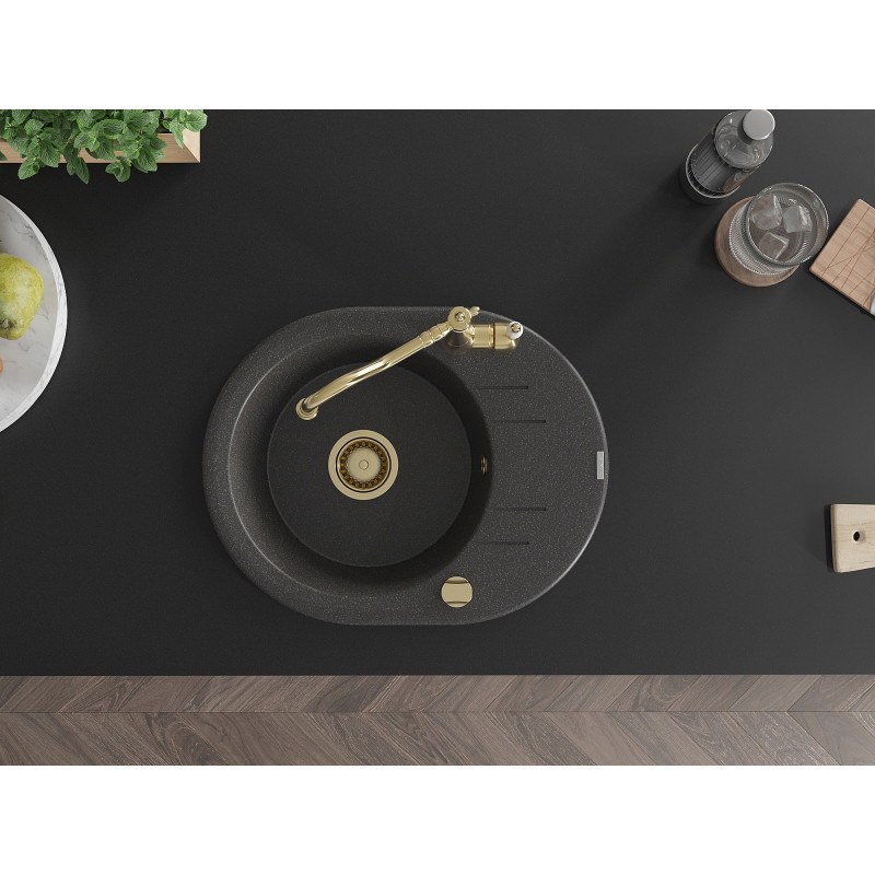 Mexen Kevin fregadero de granito de 1 seno con escurridor y grifo de cocina Carla, negro moteado - 6517-76-670700-50