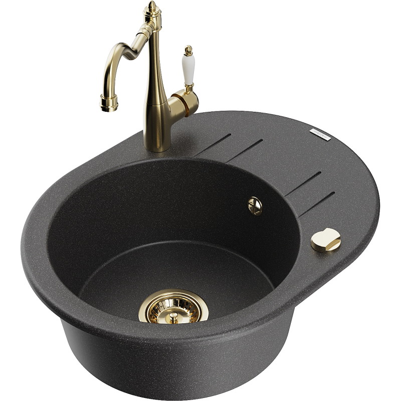 Mexen Kevin fregadero de granito de 1 cubeta con escurridor y grifo de cocina Carla, negro moteado - 6517-76-670700-50