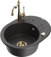 Mexen Kevin granite sink 1-bowl with drainer and Carla kitchen tap, black speckled - 6517-76-670700-50