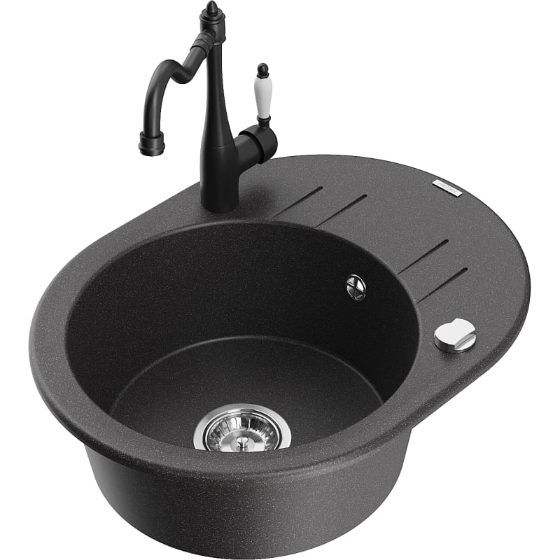 Mexen Kevin 1-bowl granite sink with drainer and kitchen faucet Carla, speckled black - 6517-76-670700-70