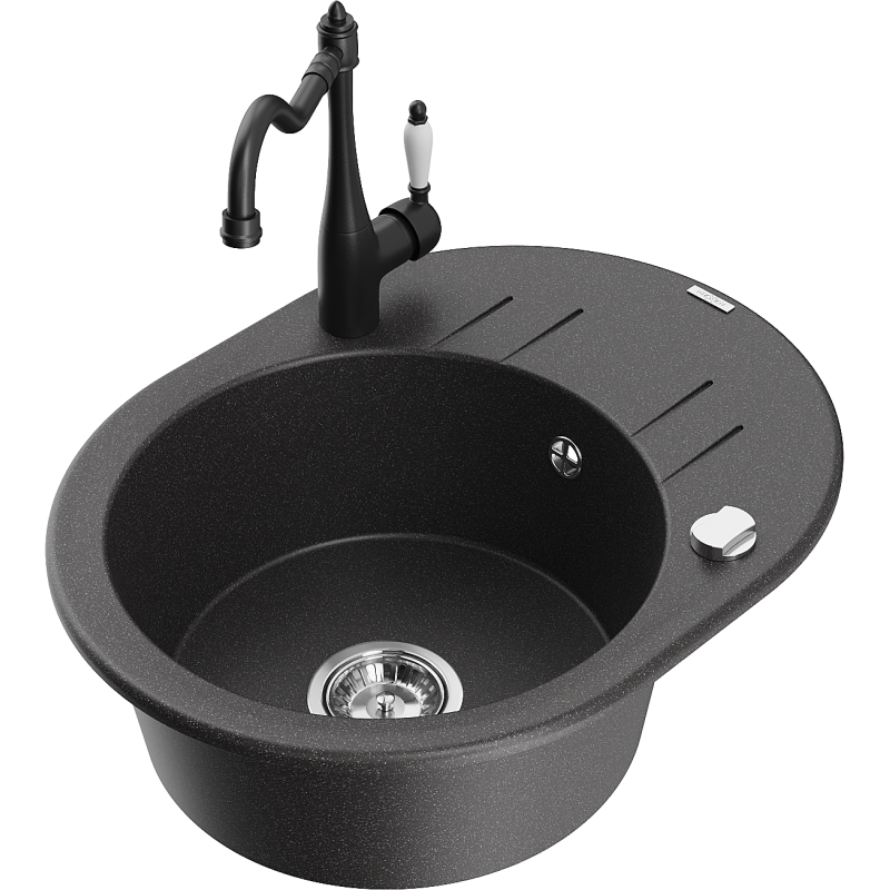 Mexen Kevin fregadero de granito de 1 cubeta con escurridor y grifo de cocina Carla, negro moteado - 6517-76-670700-70