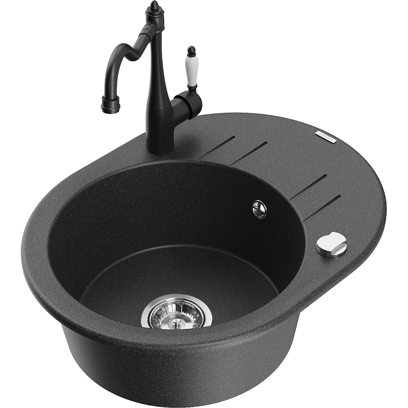 Mexen Kevin granite sink 1-bowl with drainer and Carla kitchen tap, black speckled - 6517-76-670700-70