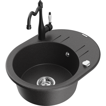 Mexen Kevin granite sink 1-bowl with drainer and Carla kitchen tap, black speckled - 6517-76-670700-70