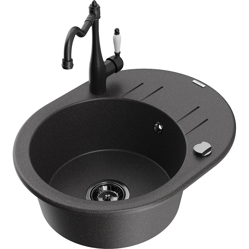 Mexen Kevin fregadero de granito de 1 cubeta con escurridor y grifo de cocina Carla, negro moteado - 6517-76-670700-70-B