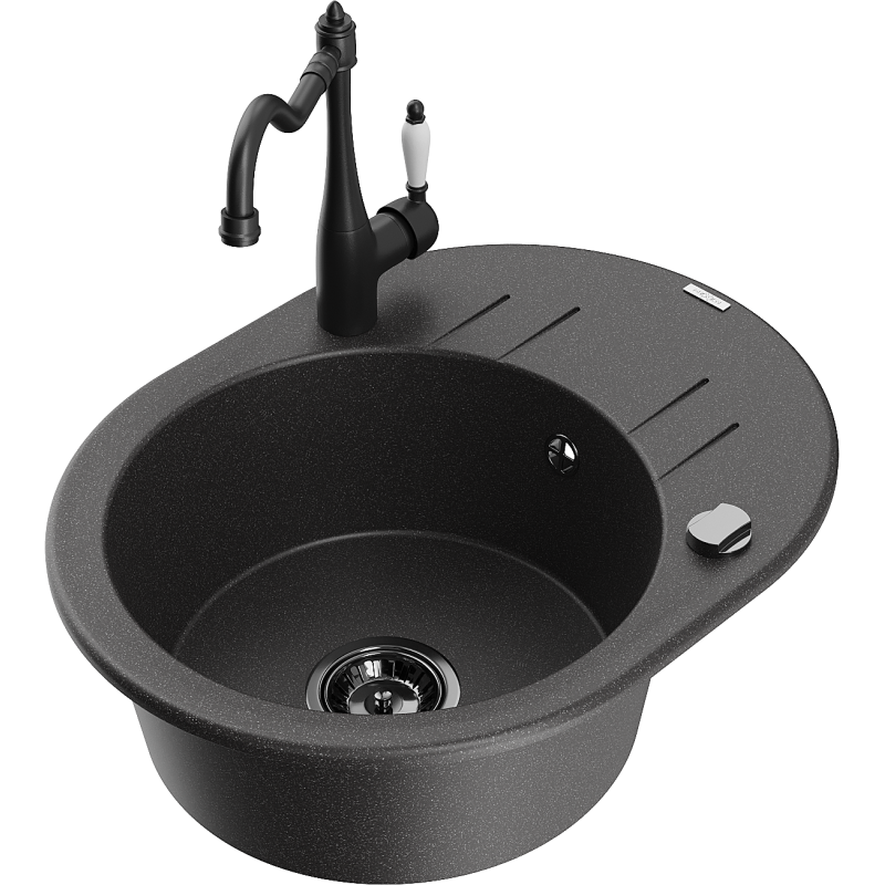 Mexen Kevin fregadero de granito de 1 seno con escurridor y grifo de cocina Carla, negro moteado - 6517-76-670700-70-B
