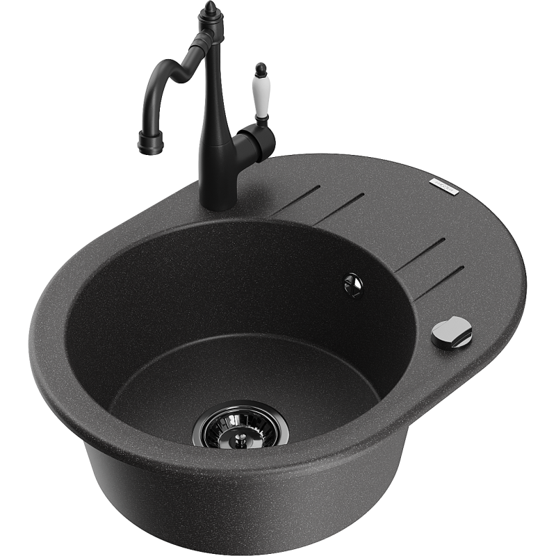 Mexen Kevin lava-loiça de granito de 1 cuba com escorredor e misturadora de cozinha Carla, preto salpicado