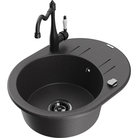 Mexen Kevin 1-bowl granite sink with drainer and Carla kitchen faucet, speckled black - 6517-76-670700-70-B