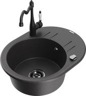Mexen Kevin 1-bowl granite sink with drainer and Carla kitchen faucet, speckled black - 6517-76-670700-70-B