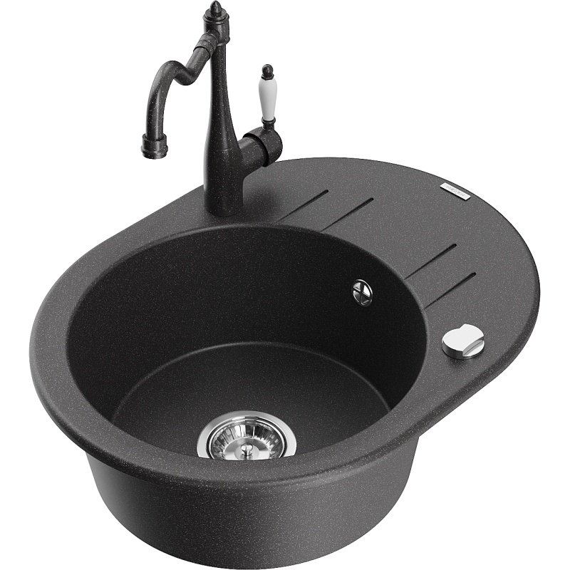 Mexen Kevin granite sink 1-bowl with drainer and Carla kitchen tap, black speckled - 6517-76-670700-76
