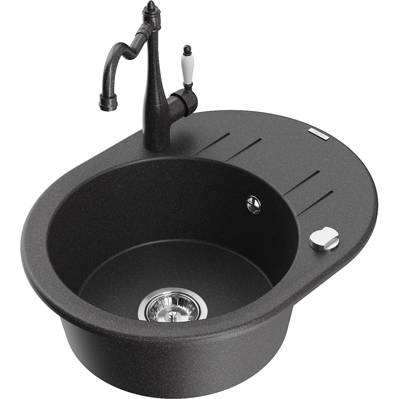 Mexen Kevin lava-louça de granito de 1 cuba com escorredor e torneira de cozinha Carla, preto salpicado - 6517-76-670700-76