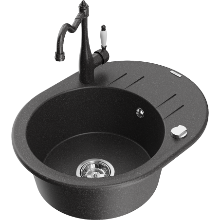 Mexen Kevin granite sink 1-bowl with drainer and Carla kitchen tap, black speckled - 6517-76-670700-76