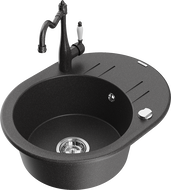 Mexen Kevin granite sink 1-bowl with drainer and Carla kitchen tap, black speckled - 6517-76-670700-76