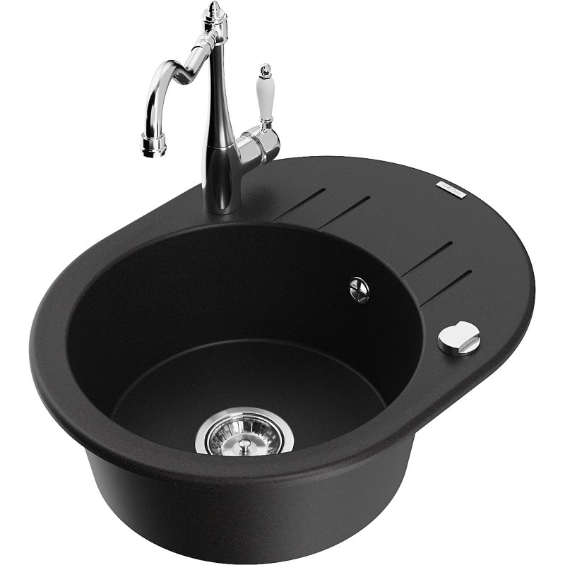 Mexen Kevin granite sink 1-bowl with drainer and Carla kitchen tap, black - 6517-77-670700-00