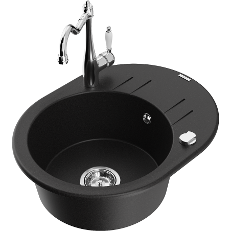 Mexen Kevin granite sink 1-bowl with drainer and Carla kitchen tap, black - 6517-77-670700-00