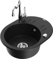 Mexen Kevin granite sink 1-bowl with drainer and Carla kitchen tap, black - 6517-77-670700-00