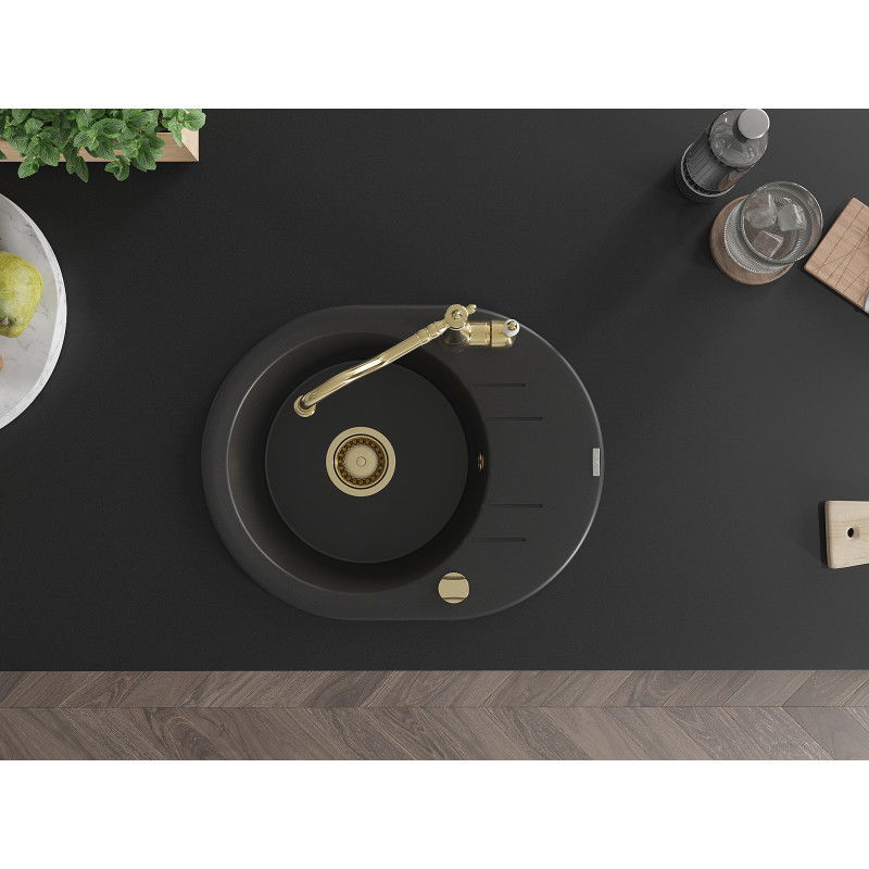Mexen Kevin single-bowl granite sink with drainer and Carla kitchen tap, black - 6517-77-670700-50