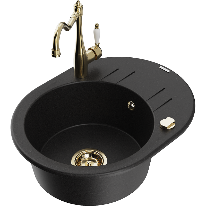 Mexen Kevin fregadero de granito de 1 cubeta con escurridor y grifo de cocina Carla, negro - 6517-77-670700-50