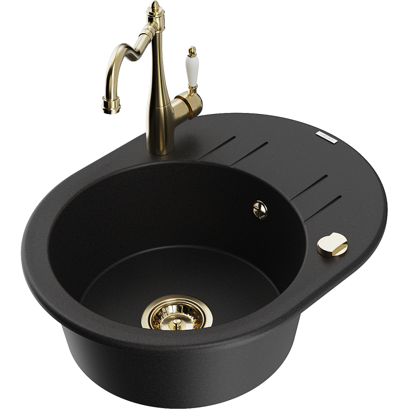 Mexen Kevin single-bowl granite sink with drainer and Carla kitchen tap, black - 6517-77-670700-50