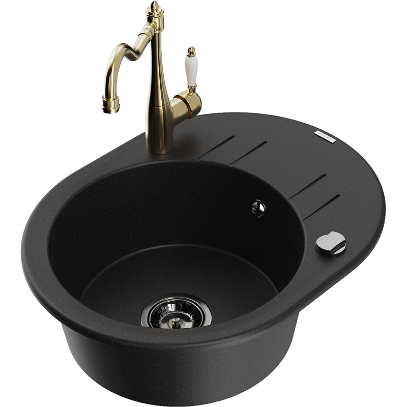 Mexen Kevin 1-Bowl Granite Sink with Drainer and Carla Kitchen Tap, Black - 6517-77-670700-50-B