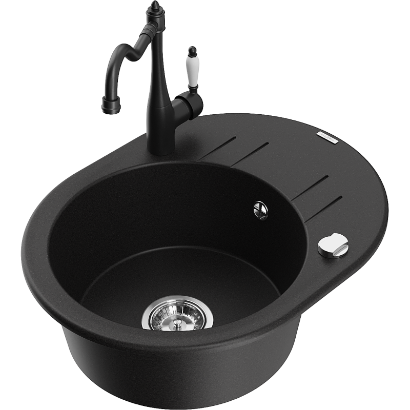 Mexen Kevin fregadero de granito de 1 cubeta con escurridor y grifo de cocina Carla, negro - 6517-77-670700-70