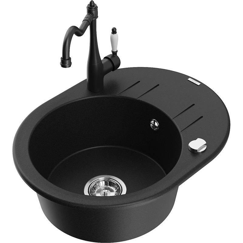 Mexen Kevin granitdiskho 1-facks med avrinningsbricka och köksblandare Carla, svart - 6517-77-670700-70