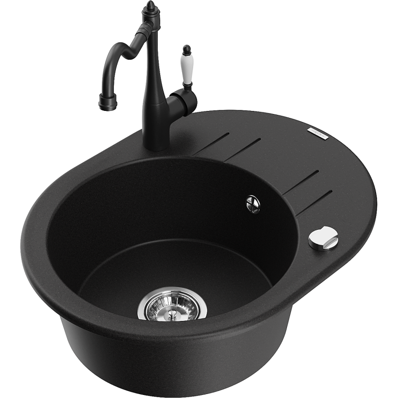 Mexen Kevin granite sink 1-bowl with drainer and kitchen tap Carla, black - 6517-77-670700-70
