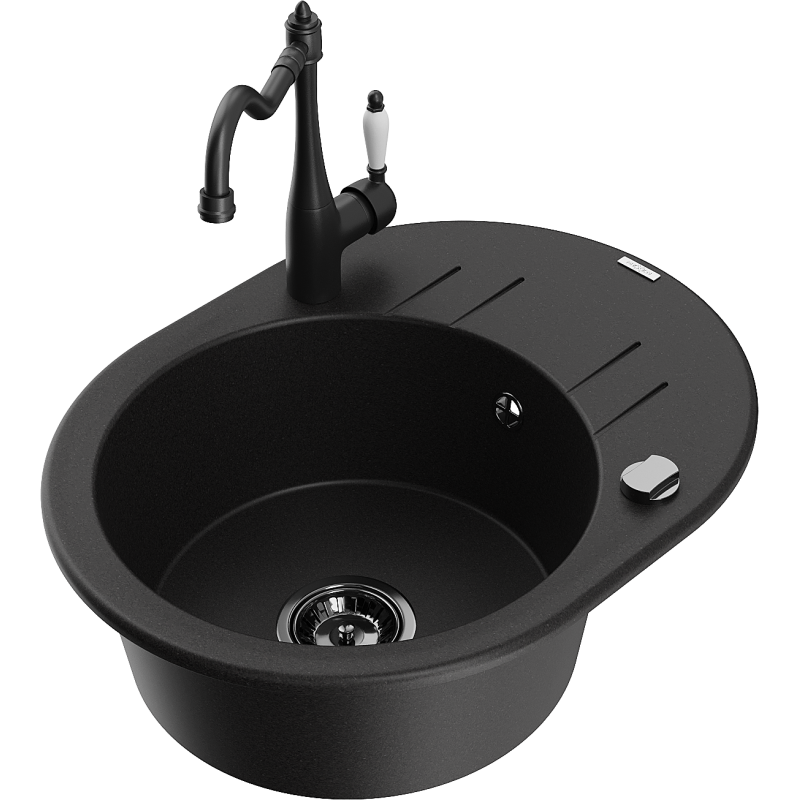Mexen Kevin 1-Bowl Granite Sink with Drainer and Carla Kitchen Tap, Black - 6517-77-670700-70-B