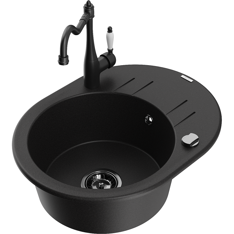 Mexen Kevin fregadero de granito de 1 seno con escurridor y grifo de cocina Carla, negro - 6517-77-670700-70-B