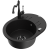 Mexen Kevin 1-Bowl Granite Sink with Drainer and Carla Kitchen Tap, Black - 6517-77-670700-70-B
