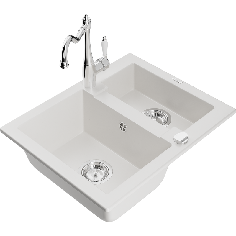 Mexen Carlos 1.5-bowl granite sink with Carla kitchen tap, white - 6518-20-670700-00