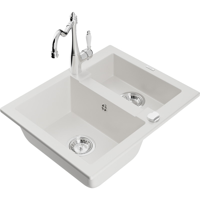 Mexen Carlos granitische gootsteen 1,5-kamer met keukenmengkraan Carla, wit - 6518-20-670700-00