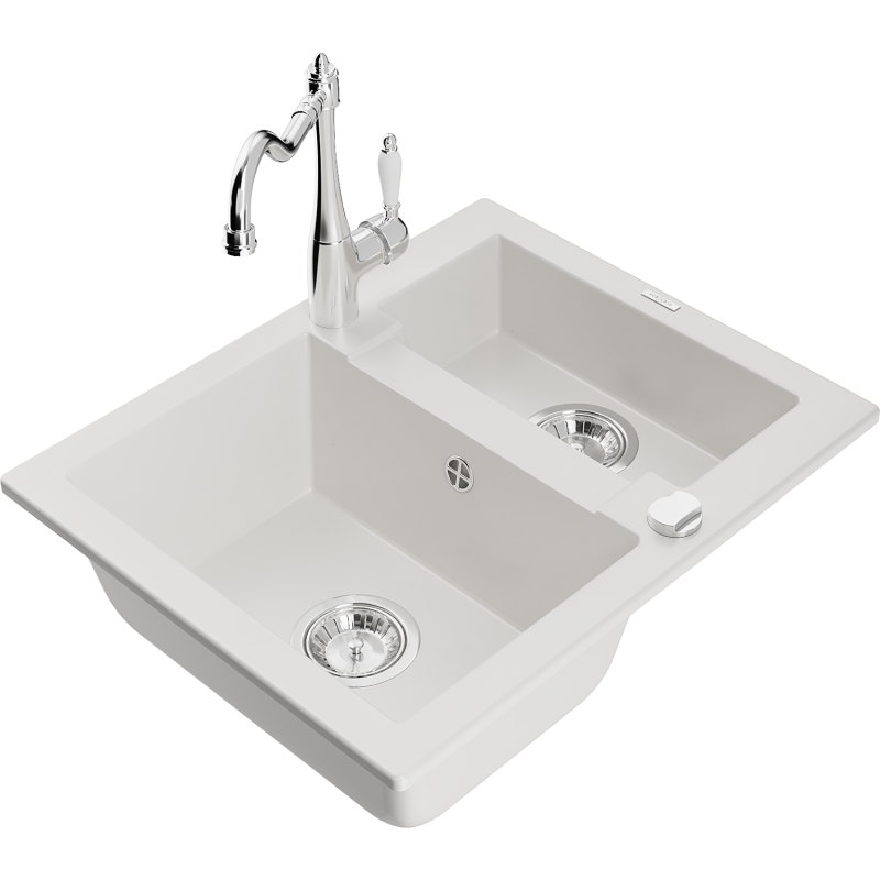 Mexen Carlos lavatório de cozinha de granito 1,5-cuba com torneira Carla, branco - 6518-20-670700-00