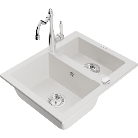 Mexen Carlos 1.5-bowl granite sink with Carla kitchen tap, white - 6518-20-670700-00