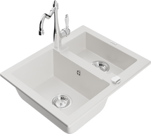 Mexen Carlos granite sink 1.5-bowl with Carla kitchen faucet, white - 6518-20-670700-00