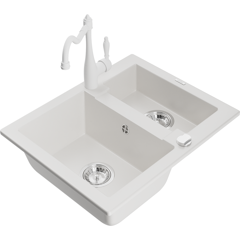 Mexen Carlos lava-louça de granito 1,5-bacia com torneira de cozinha Carla, branco - 6518-20-670700-20