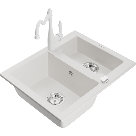 Mexen Carlos granite sink 1.5-bowl with kitchen faucet Carla, white - 6518-20-670700-20