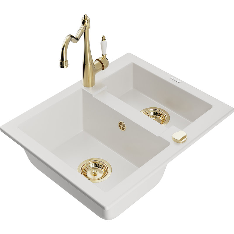 Mexen Carlos lava-loiça de granito 1,5-comprimento com torneira de cozinha Carla, branco - 6518-20-670700-50