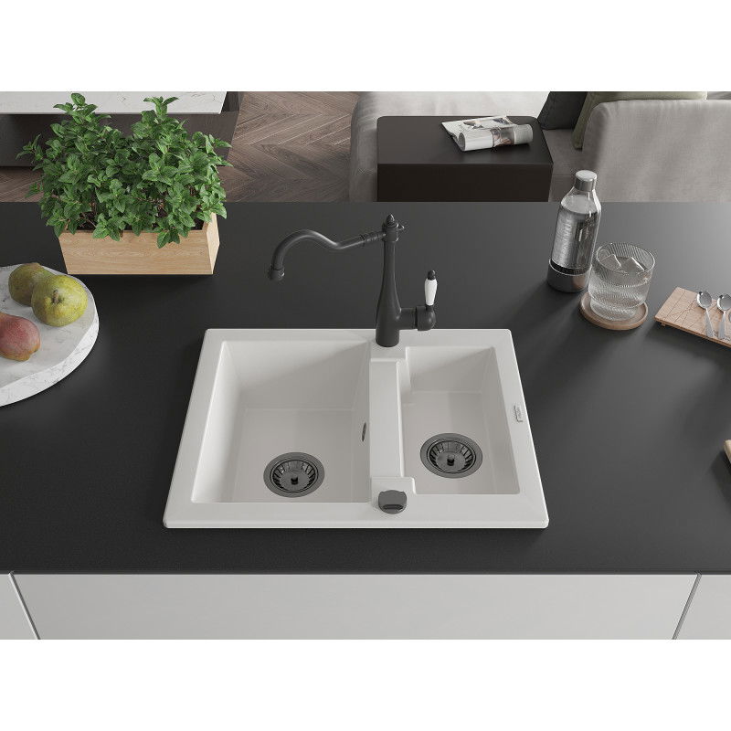 Mexen Carlos granite kitchen sink 1.5-bowl with Carla kitchen tap, white - 6518-20-670700-70