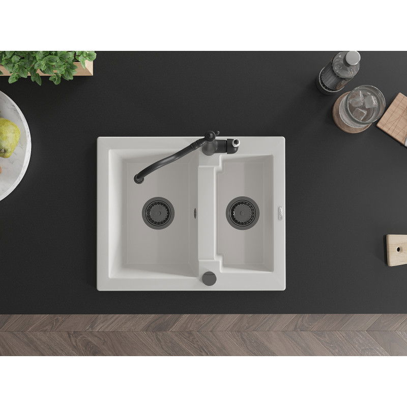 Mexen Carlos granite kitchen sink 1.5-bowl with Carla kitchen tap, white - 6518-20-670700-70