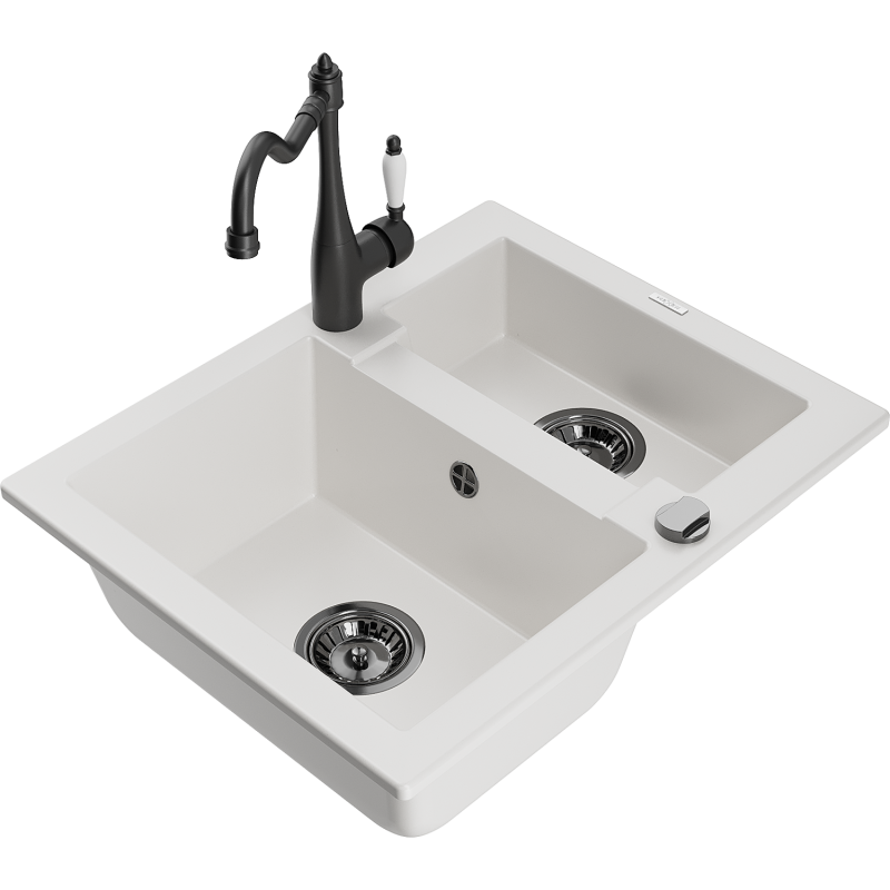 Mexen Carlos granite kitchen sink 1.5-bowl with Carla kitchen tap, white - 6518-20-670700-70