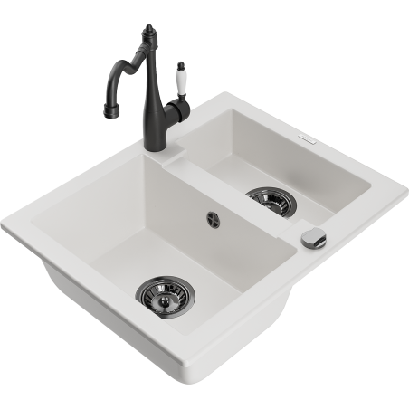 Mexen Carlos granite kitchen sink 1.5-bowl with Carla kitchen tap, white - 6518-20-670700-70