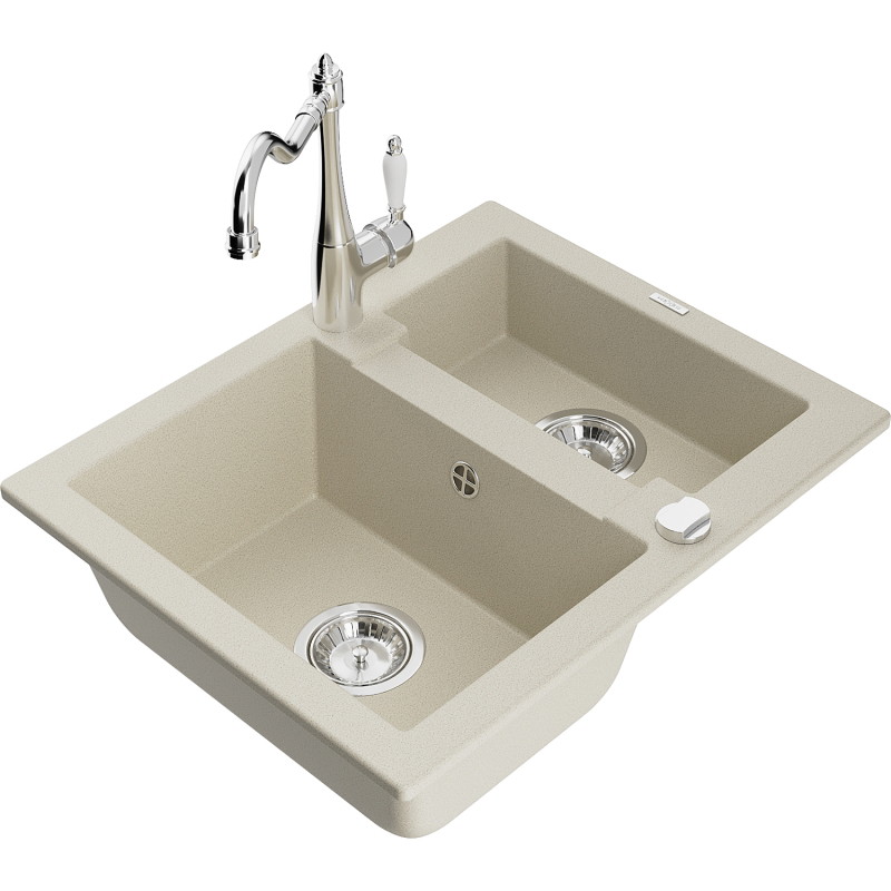 Mexen Carlos Granitspüle 1,5-kammerig mit Küchenarmatur Carla, beige - 6518-69-670700-00