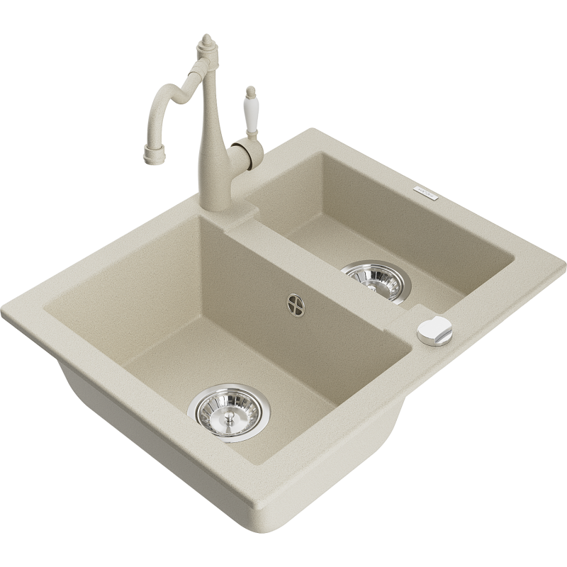 Mexen Carlos granite kitchen sink 1.5-bowl with Carla kitchen tap, beige - 6518-69-670700-69