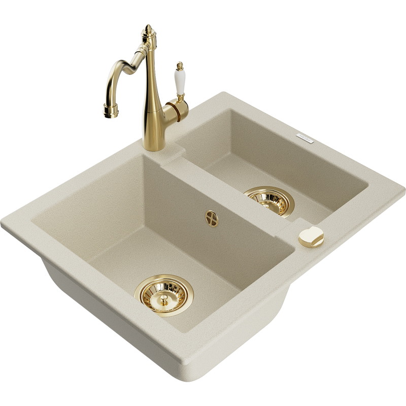 Mexen Carlos Granitspüle 1,5-Kammer mit Küchenarmatur Carla, beige - 6518-69-670700-50