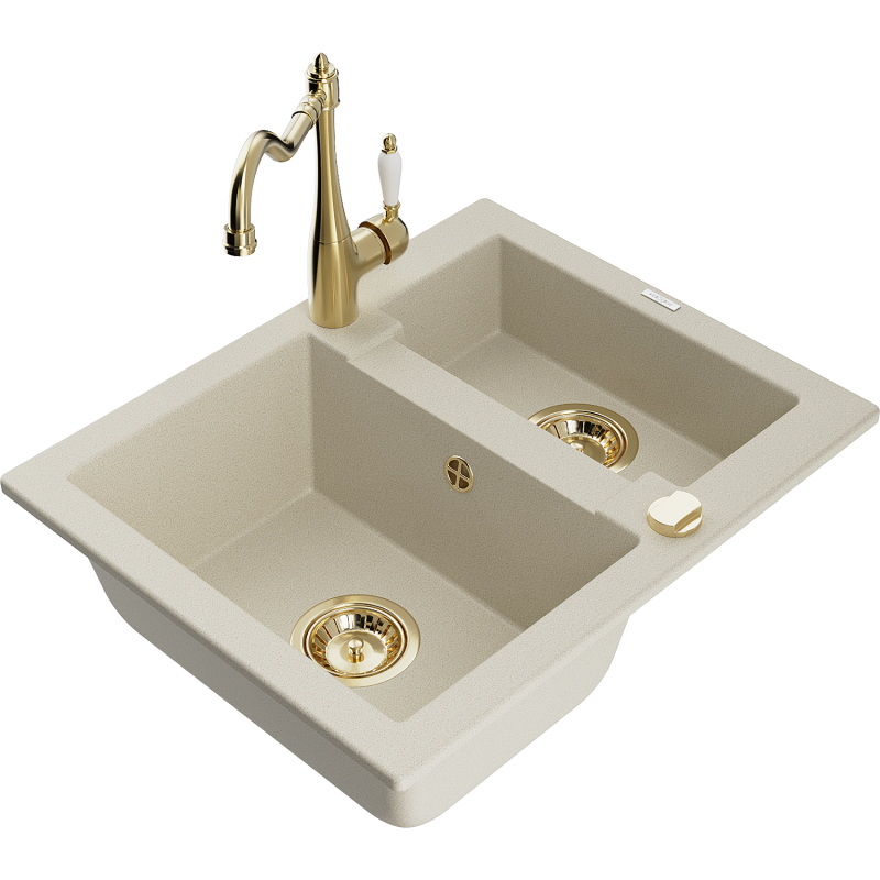 Mexen Carlos lavello da cucina in granito 1,5 vasche con rubinetto da cucina Carla, beige - 6518-69-670700-50